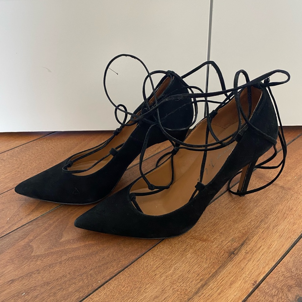 Black suede ankle tie strap pumps size 7/37